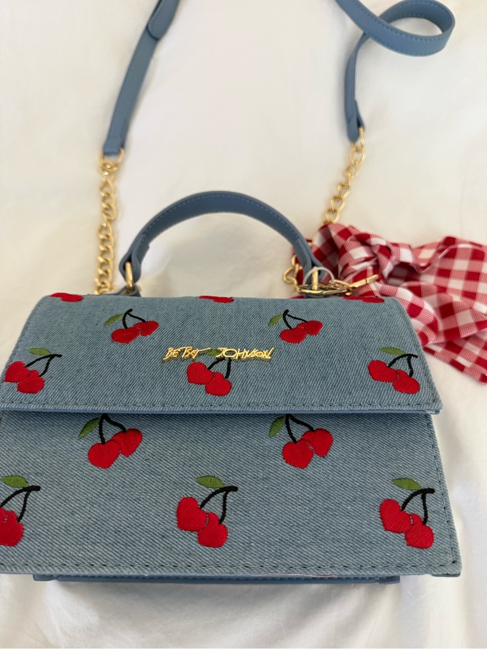 Betsey Johnson Blue Denim Cherry-Print Top Handle Crossbody